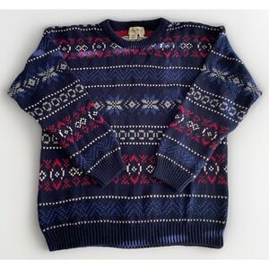 Vintage EDDIE BAUER 90s Made in USA Fair Isle Chunky Cotton Knit Sweater Blue Lg
